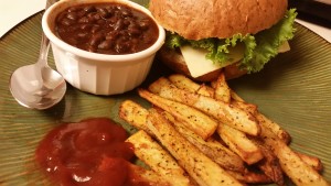 burger beans and fries dinner